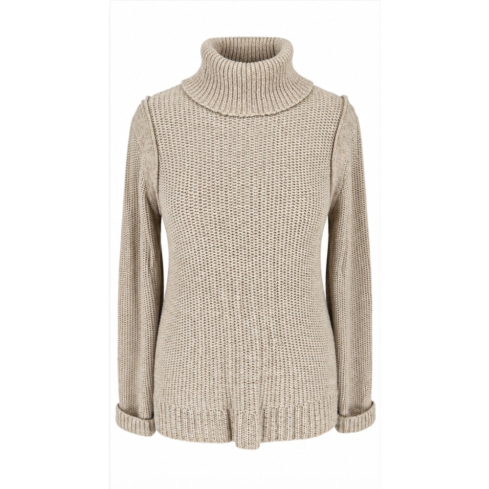 Jennifer Lopez Gold Thread Turtleneck Sweater SZ L Beige Decorative Stitching
